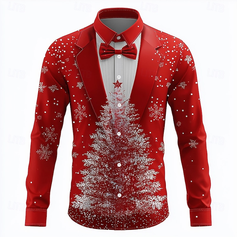 Christmas Men's Snowflake Christmas Costume Suit Tie Printed Tuxedo Shirt Button Up Shirt Long Sleeve Funny Outdoor Holiday Spring Fall Turndown 3D Print Collared Shirts Red 1 Red 3 Red Red 24