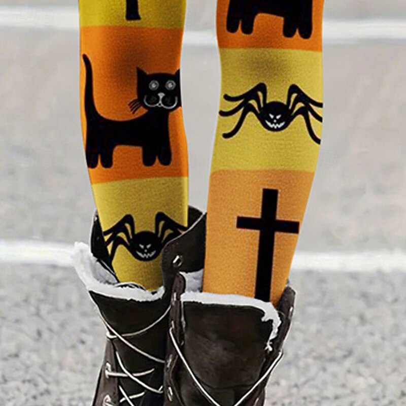 Women's Leggings Cozy Leggings Vacation Basic Casual Full Length High WaistPantsHalloween Cat Pumpkin Printing Thermal Warm Comfortable Stretchy Vacation Casual Daily Orange Fall Winter Skinny3