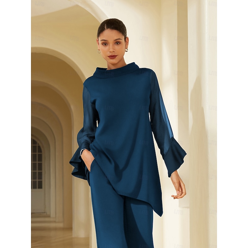 Women's Navy Blue Chiffon Modal Matching Set Blouse Bell Bottom Pants Elegant Stylish Comfortable Daily Work Evening Wear Fall2