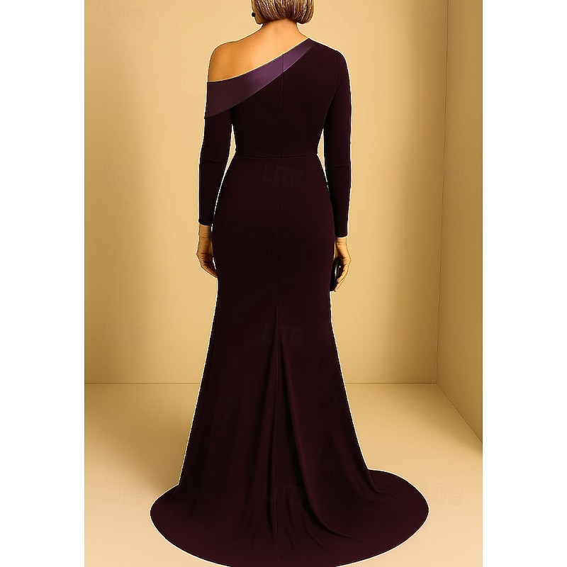 Black Tie Sheath / Column Mermaid Evening Gown Elegant Dress Formal Wedding Sweep / Brush Train Long Sleeve One Shoulder Satin with Ruched and Slit 20253
