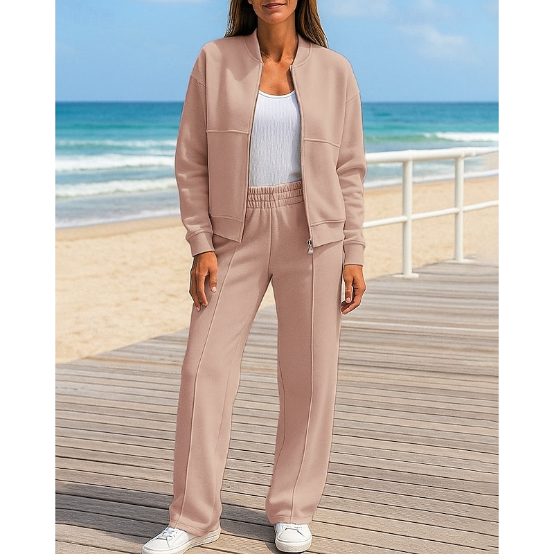 Women's 2 Piece Outfits Lounge Sweatsuit Pocket Solid Colored Clothing Suit Fall Black White Spandex Outdoor Travel Sports Moisture Wicking Long Sleeve Sport Activewear Micro-elastic Regular Fit4