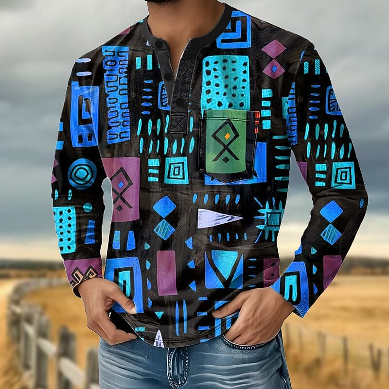 Men's Abstract Henley Shirt T shirt Tee Long Sleeve Retro Vintage Casual Casual Spring Fall All Seasons Blue Green Orange Henley Henley T-Shirt3