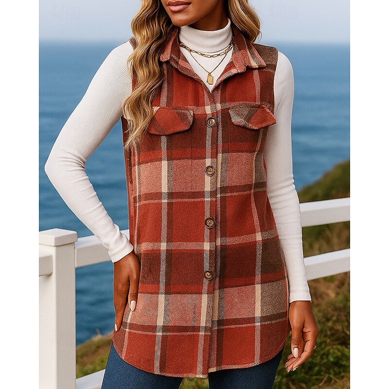 Women's Fleece Vest Buttons Sleeveless Top Athleisure Plaid Checkered Fashion Warm Outdoor Travel Sports Sportswear Activewear Red Green Khaki3