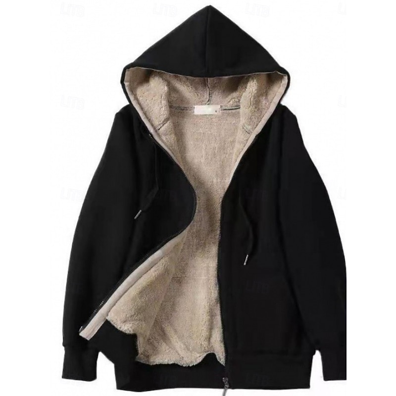Women's Winter Jacket Sherpa Jacket Hoodie Jacket Comfortable Breathable Zipper Pocket Casual Plain Vacation Street Casual Daily Wear Zipper Regular Hooded Regular Fit Long Sleeve Outerwear Black Red