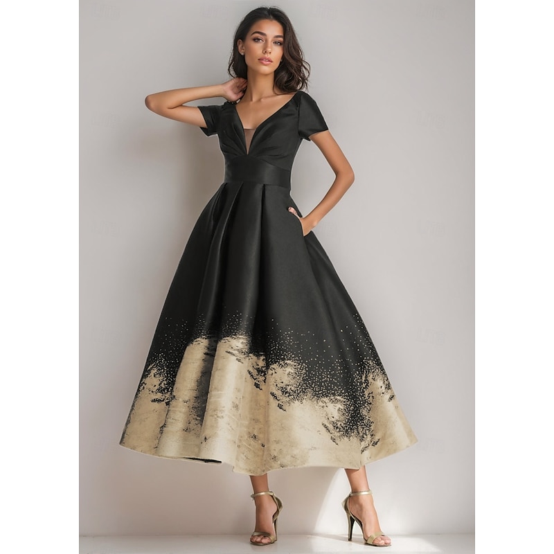 Black Gold A-Line Cocktail Gown Elegant Dress Formal Wedding Ankle Length Short Sleeve V Neck Pocket Satin with Floral Print