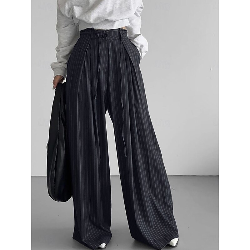 Women's Wide Leg Chinos Vacation Fashion Streetwear Full Length High Waist Striped Pocket Elastic Waistband Printing Comfy Soft Comfortable Stretchy Outdoor Street Navy-blue Spring Fall Loose Fit2