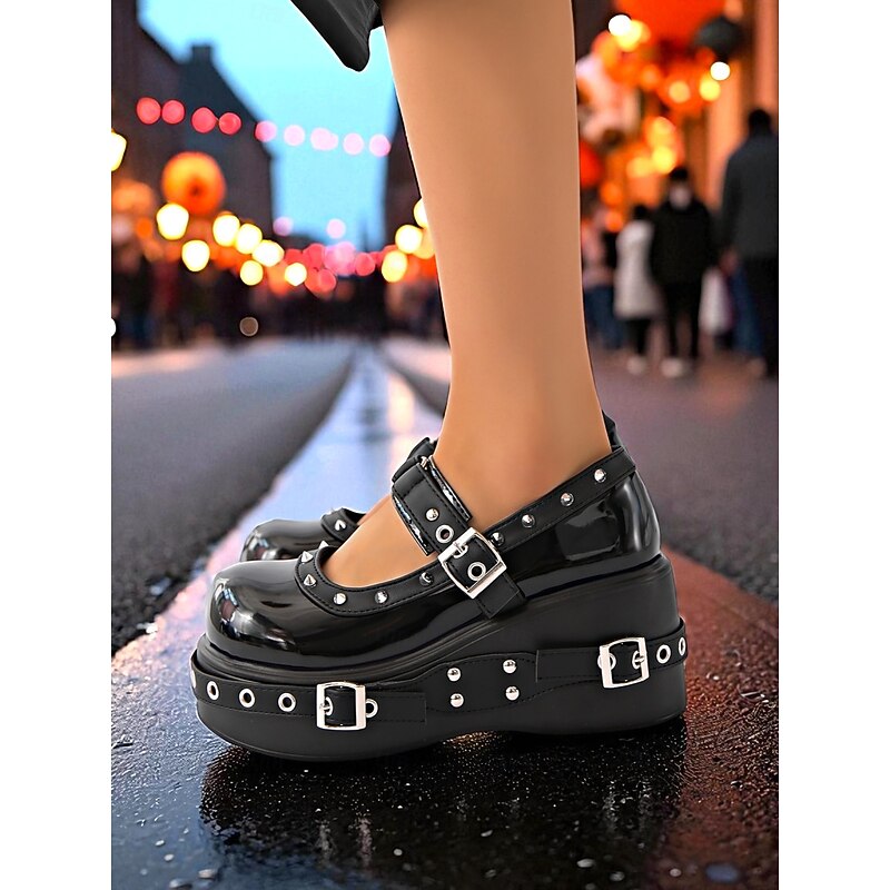 Women's Gothic Platform Mary Jane Shoes – Black Patent Leather with Studded Buckles, Punk Rock Style Chunky Heels for Halloween Party and Night Out2