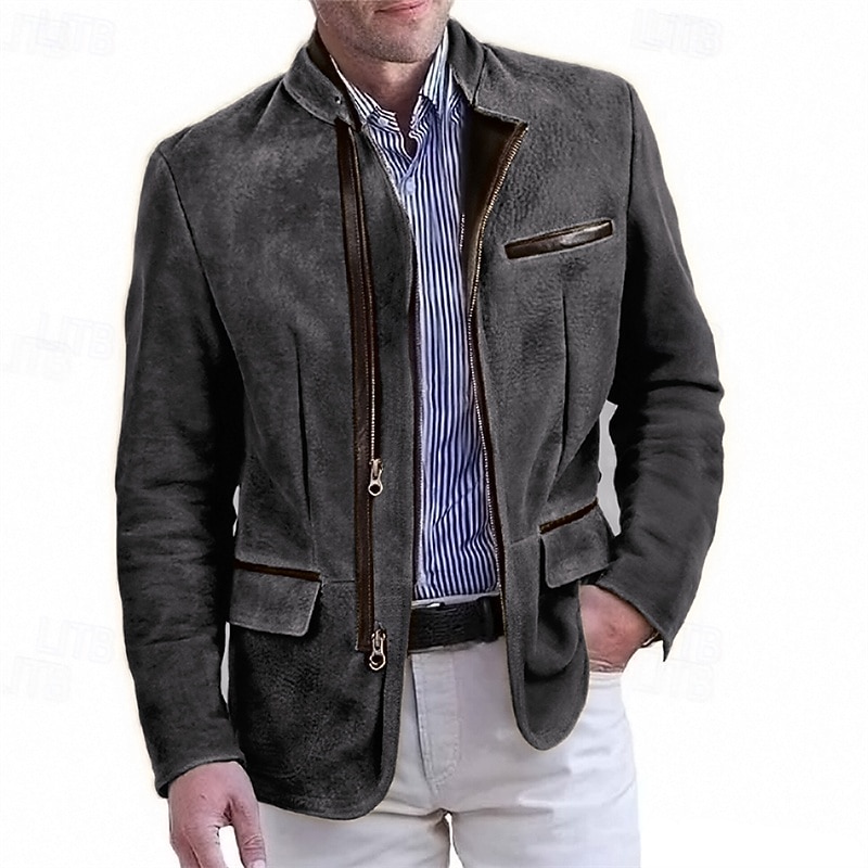 Men's Faux Suede Jacket Faux Suede Blazer Casual Jacket Vacation Daily Warm Pocket Fall Winter Plain Fashion Classic Stand Collar Regular Khaki Gray Jacket3