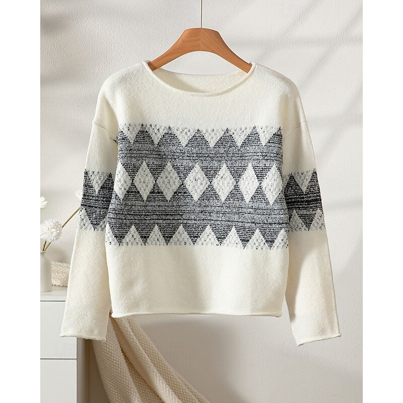 Women's Sweater Pullover Streetwear Casual Argyle Crew Neck Knitted Long Sleeve Regular Tops Knit Daily Holiday Going out Beige Fall Winter3