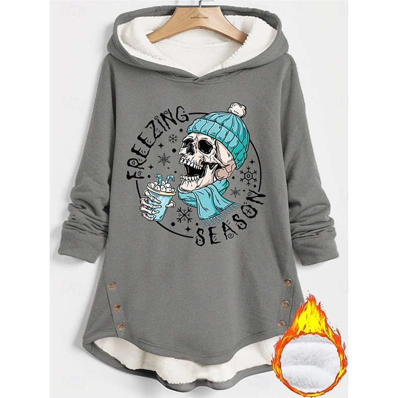 Women's Pullover Hoodie Sweatshirt Graphic Skull Letter Warm Casual Long Sleeve Hooded Long Tops Street Dailywear Casual Buttons Print Black Pink Blue Gray Fall Winter2