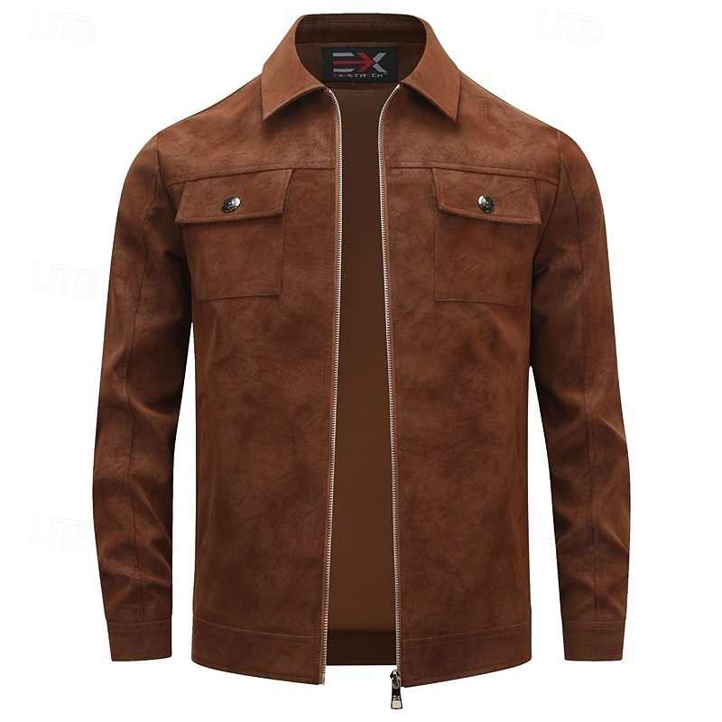 Men's Faux Suede Jacket Casual Jacket Vacation Daily Windproof Warm Pocket Spring Fall Plain Fashion Classic Lapel Regular Black Khaki Jacket2