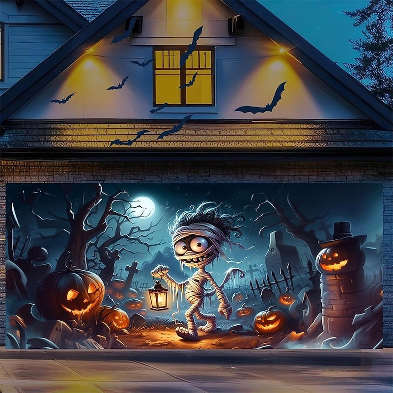 Halloween Garage Door Cover Pumpkin Tomb Castle Mummy Banner Haunted House Horror Scene Spooky Backdrop Tapestry for Outdoor Wall Fence Yard Halloween Party Decoration4
