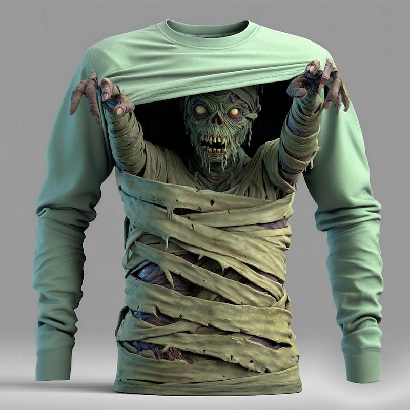 Halloween Men's Optical Illusion Zombies 3D T Shirt Long Sleeve T shirt 3D Print Crew Neck Shirt Fashion Exaggerated Street Casual Daily Blue Purple Green Summer Spring Fall Clothing Apparel S M L XL - Main Image