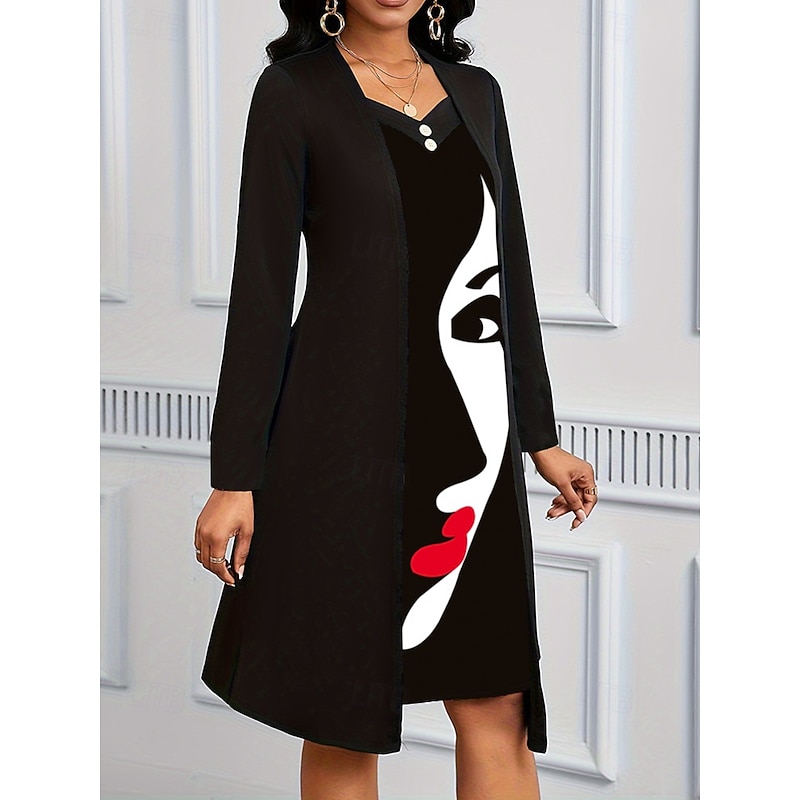 Women's Midi Dress A Line Dress Casual Daily Regular Fit Graphic Long Sleeve V Neck Black Summer Spring Fall3