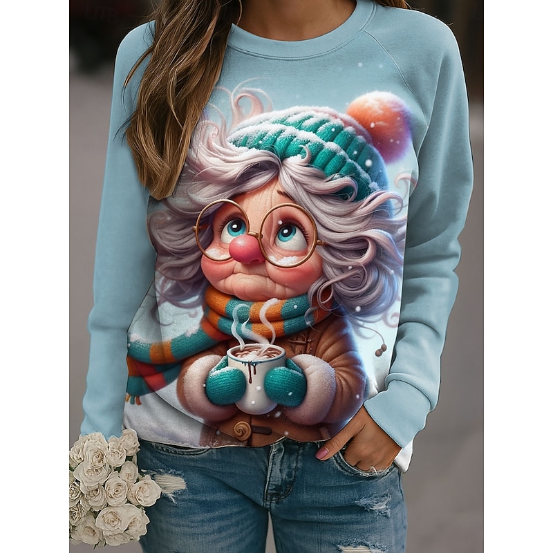 Women's Pullover Graphic Snowflake Casual Long Sleeve Crew Neck Regular Tops Casual Holiday Blue Purple Green Khaki Spring Fall Winter
