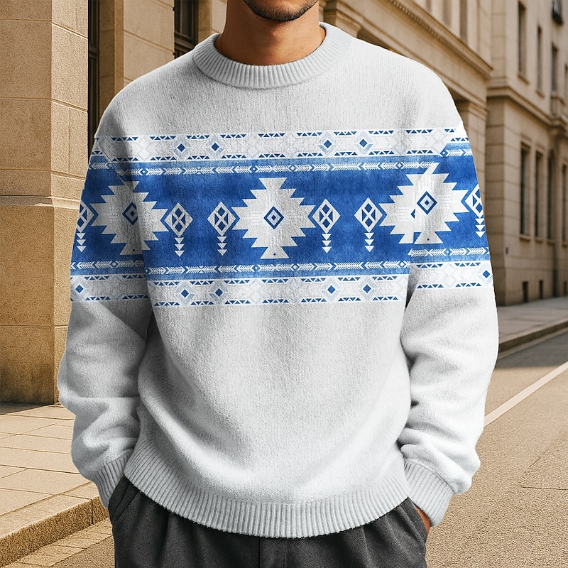Men's Geometric Pullover Sweater Jumper Fair Isle Sweater Knitwear Crewneck Casual Vacation Daily 3D Print Knitting Keep Warm Long Sleeve Spring Fall Winter White Red Green3