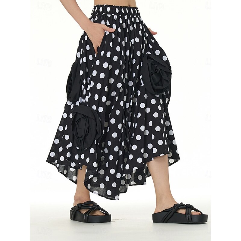 Women's Skirt A Line Fashion Casual Maxi High Waist Skirts Polka Dot Pocket Stretchy Street Daily Black And White Black-White Black White Spring Cotton