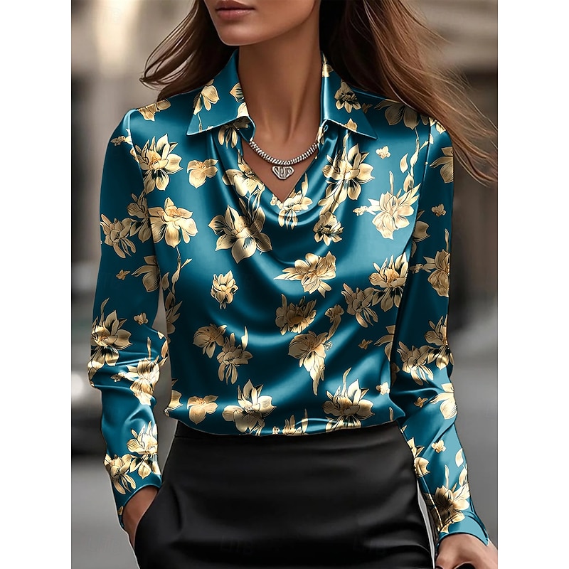 Women's Shirt Floral Elegant Daily Cowl Neck Work Daily Evening Party Draped Red Blue Emerald Green Purple Spring Fall Winter