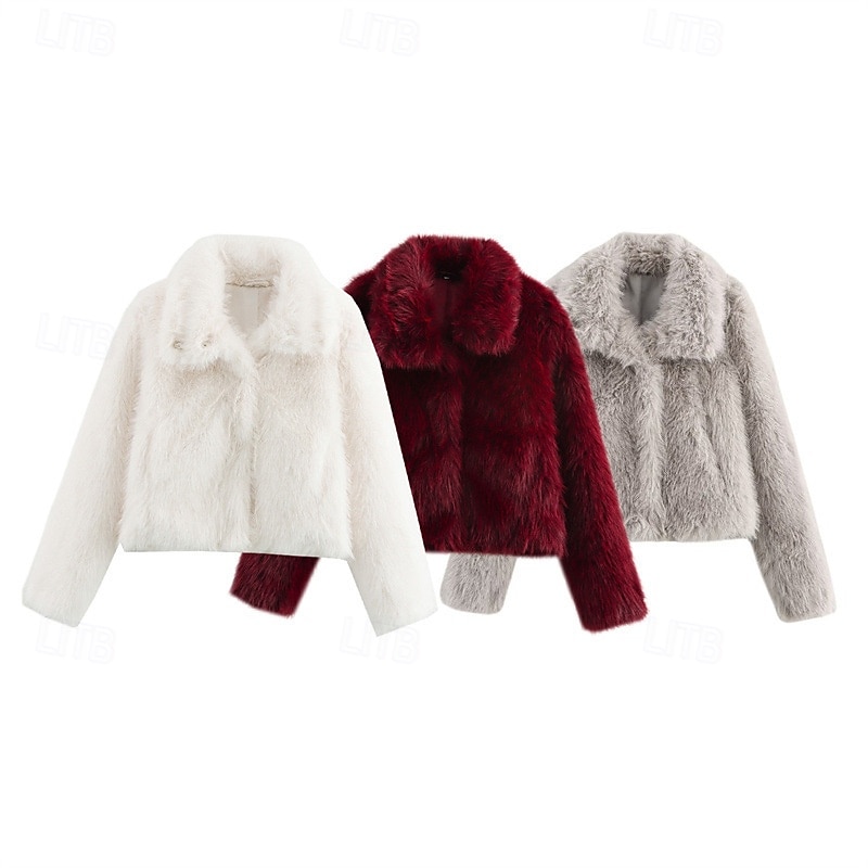 Women's Faux Fur Coat Warm Comfortable Buttons Furs & Leathers Casual Plain Vacation Street Casual Daily Wear Short Regular Turndown Regular Fit Long Sleeve Outerwear White Wine Gray Fall Winter