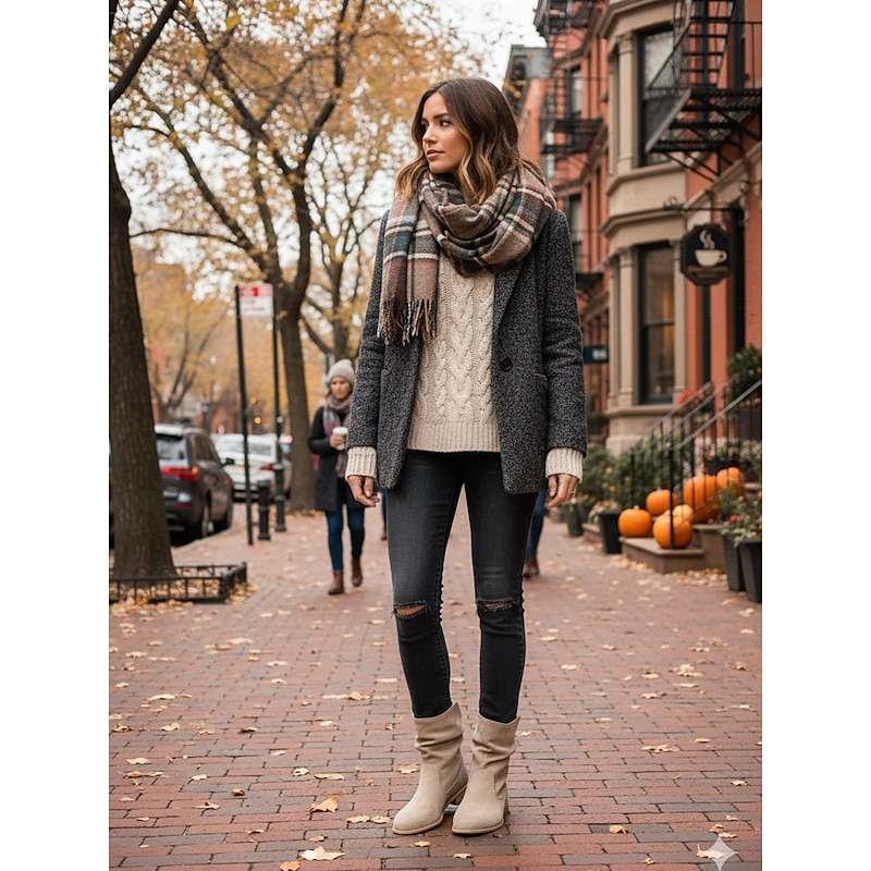 Women's Trendy Slouchy Mid Calf Boots - Beige Faux Suede Low Heel Comfortable Casual Boots for Everyday Wear2