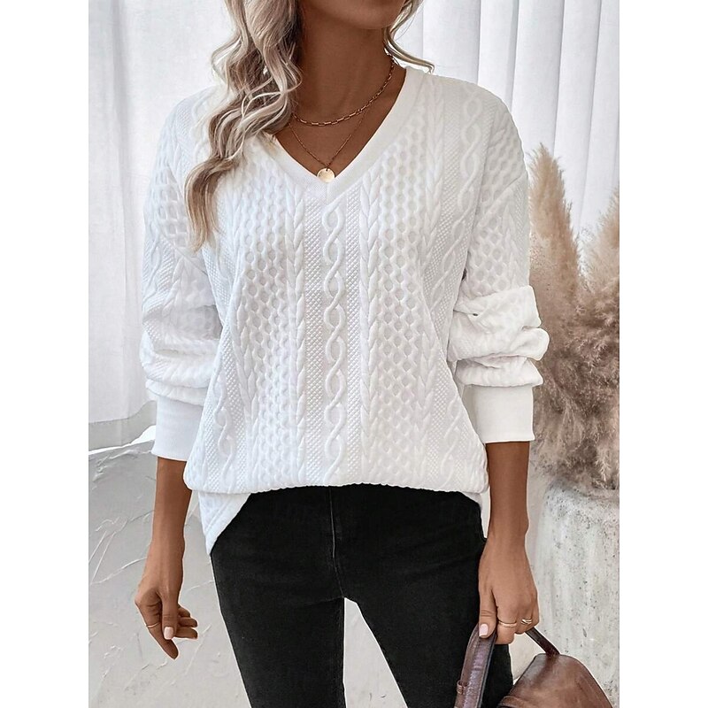 Women's Sweater Casual Soft Pure Color Ribbed V Neck Knitted Long Sleeve Regular Tops Knit Outdoor Daily Weekend White Fall Winter4
