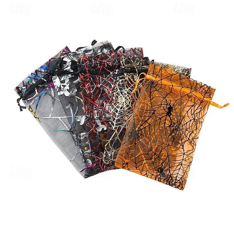 100pcs/set Halloween Party Drawstring Gift Bags  4x6in Small Tulle Candy Snack Bags for Party Gifts (Pumpkin Spider Web Skull Bat) - Event and Party Supplies Gift Boxes Favors Mesh Drawstring B3