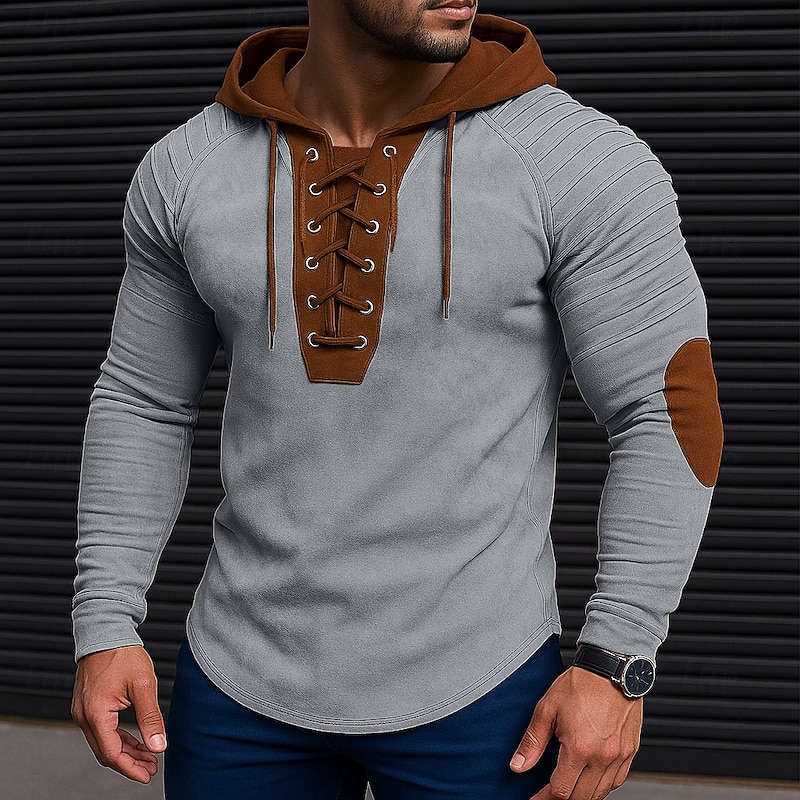 Men's T Shirt Tee Top Long Sleeve Shirt Long Sleeve Hooded Spring &  Fall All Seasons Color Block Slim Pleated Fashion Designer Sporty Drawstring Patchwork Vacation Street Casual Black Gray khaki Top