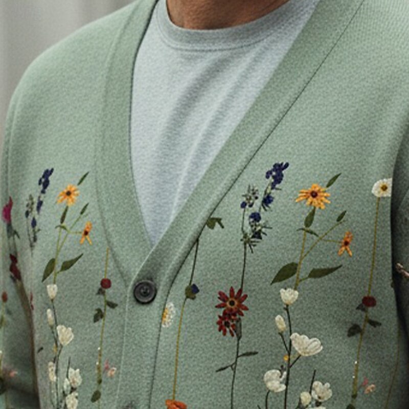 Christmas Men's Floral Botanical Flower / Plants Sweater Cardigan Sweater V Neck Retro Vintage Casual Outdoor Home Party Buckle Long Sleeve Fall Winter White Green2