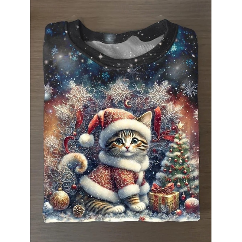 Women's Pullover Sweatshirt Graphic Cat Santa Claus Fashion Casual Long Sleeve Crew Neck Regular Tops Street Dailywear Casual Print White Red Blue Green Dark Blue Fall Winter4