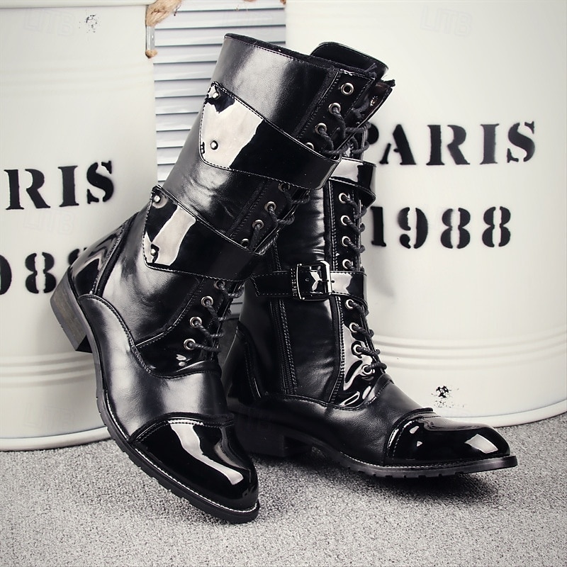 Men's Black Punk Rock Knee-High Boots – Shiny Patent Leather with Multi Buckle Straps and Lace-Up Front for Gothic, Biker, Concert and Halloween Outfits4