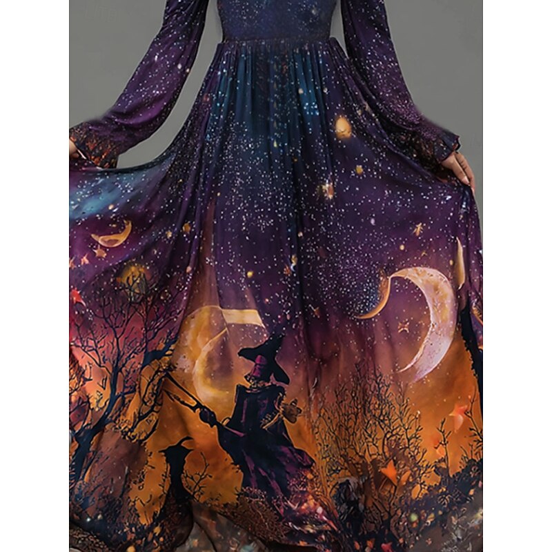 Halloween Women's Maxi Dress A Line Dress Boho Date Regular Fit Ombre Long Sleeve V Neck Purple Fall Winter3