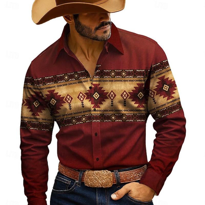 Men's Geometric Aztec Ethnic Shirt Western Shirt Cowboy Shirt Long Sleeve Vintage Retro Outdoor Camping & Hiking Hunting Spring Fall Turndown 3D Print Button Up Shirts White Burgundy Green