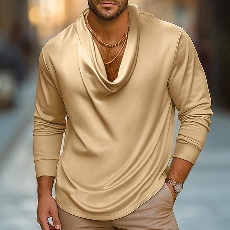 Men's Shirt Silk Like Satin Shirt Casual Shirt Solid Color Wedding Vacation Black White Navy Blue Purple Long Sleeve Pile Neck Fall Spring &  Fall Clothing Apparel Ruched