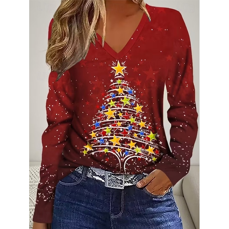 Christmas Women's T Shirt Graphic Christmas Tree Vintage Stylish Classic Long Sleeve V Neck Regular Tops Daily Print Red Spring Fall Winter - Main Image