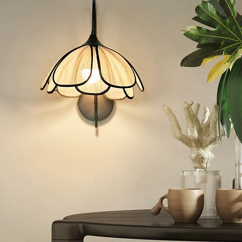 Rustic Indoor Sconce, E27 Black Metal Wall Lamp Bedside Lamp Reading Lamp with Cable Shade Fabric Applique Retro for Living Room Bedroom2