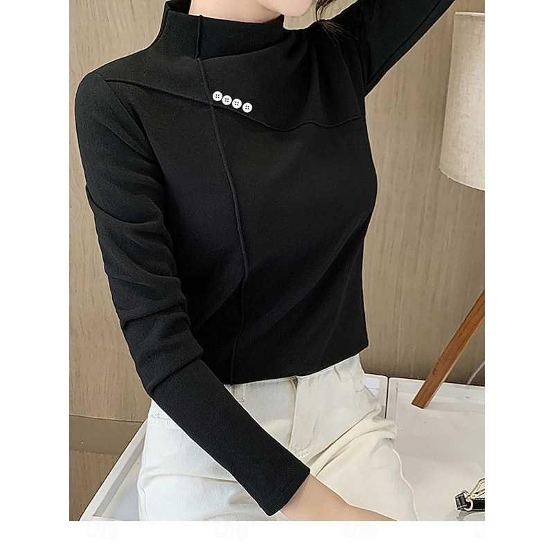 Women's Blouse Solid Color Elegant Stylish Basic Long Sleeve High Neck Regular Tops Daily Black White Yellow Pink Brown Spring Fall Winter2