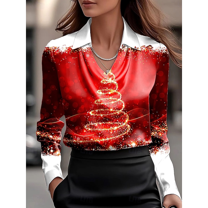 Christmas Women's Shirt Ombre Graphic Christmas Tree Elegant Stylish Casual Long Sleeve Cowl Neck Regular Tops Work Party Evening Wear Daily Ruched Draped Wine Fall Winter