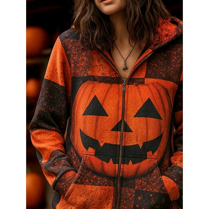 Women's Zip Up Hoodies Graphic Skull Pumpkin Punk Fashion Retro Long Sleeve Hooded Regular Tops Street Dailywear Casual Zipper Pocket Print Purple Orange Green Fall Winter2