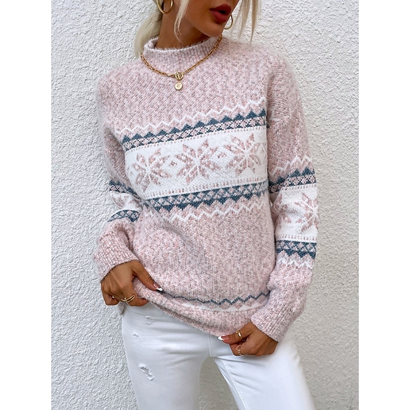 Women's Sweater Casual Soft Snowflakes Ribbed Crew Neck Knitted Long Sleeve Regular Tops Knit Outdoor Daily Weekend Pink Blue Fall Winter3