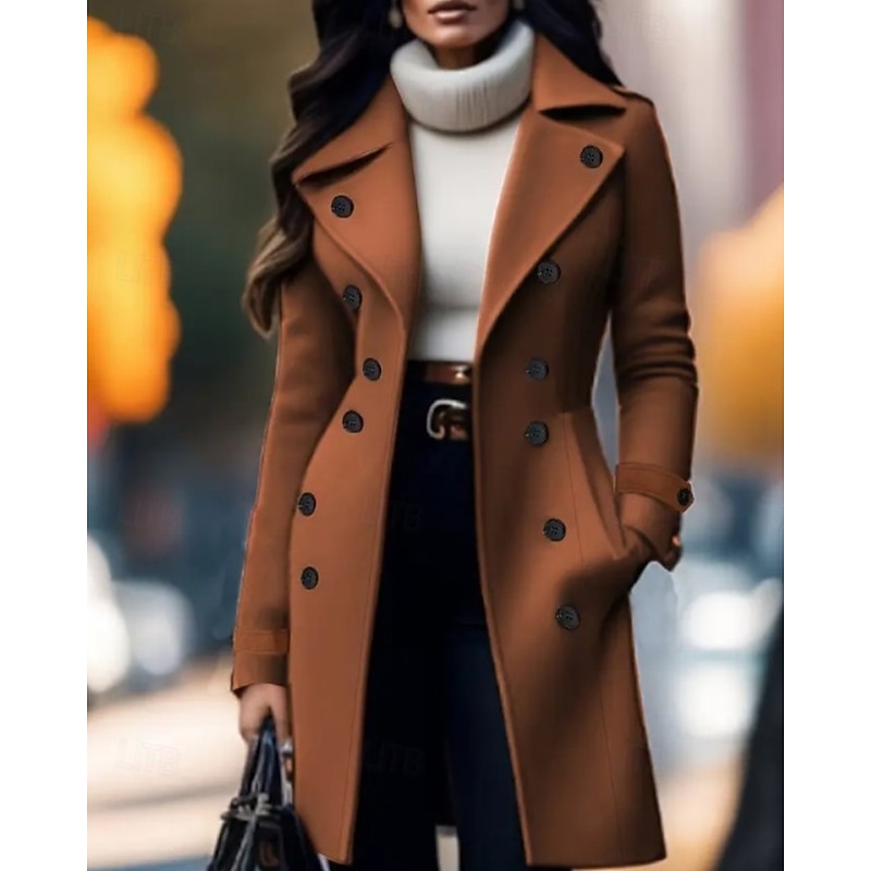 Women's Coat Pea Coat Warm Comfortable Pocket Buttons Elegant Plain Outdoor Going out Weekend Long Turndown Regular Fit Long Sleeve Outerwear Brown Fall Winter