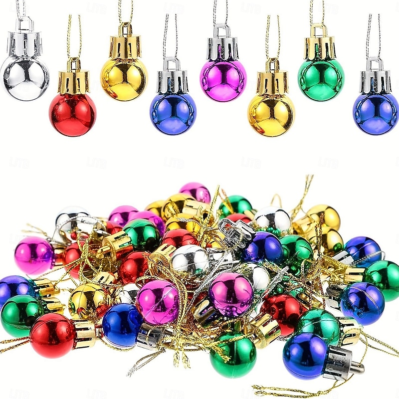 50pcs Mini Christmas Balls with Golden Ribbons Colorful Round Xmas Tree Ornaments Plastic Hanging Pendants for Small Trees Ideal for Tree & Party Decor, Festive Holiday Decoration