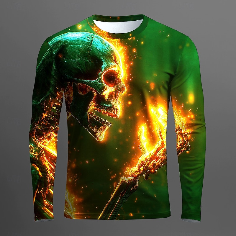 Halloween Men's Skull Optical Illusion T Shirt Long Sleeve T shirt 3D Print Crew Neck Shirt Fashion Exaggerated Street Casual Daily Blue Green Summer Spring Fall Clothing Apparel S M L XL XXL XXXL2