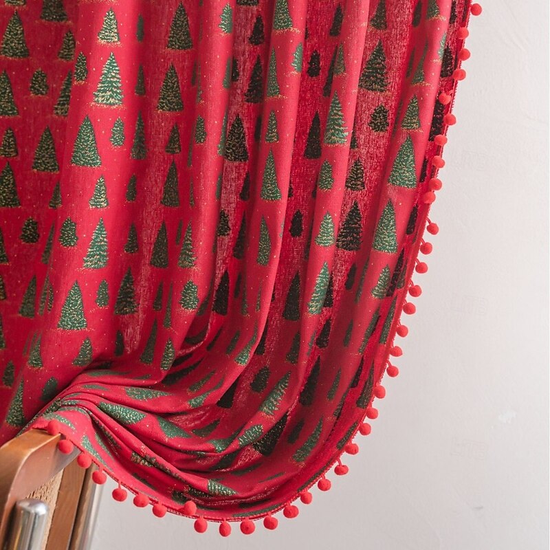 Red Christmas Window Curtain with Gold Foil Xmas Tree, Semi-Blackout Kitchen and Small Window Drapes, Balcony and Bay Window Decoration2