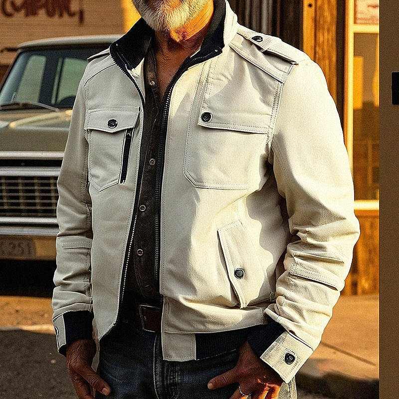 Men's Utility Jacket Cargo Jacket Vacation Daily Wearproof Pocket Fall Winter Plain Fashion Classic Stand Collar Regular Black Red Khaki Army Green Dark Blue Jacket