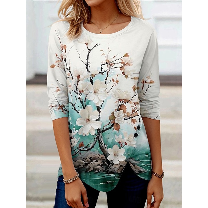 Women's T Shirt Floral Graphic Plants Vintage Stylish Ethnic Long Sleeve Crew Neck Regular Tops Daily Buttons Print Asymmetrical Pink Blue Green Spring Fall2
