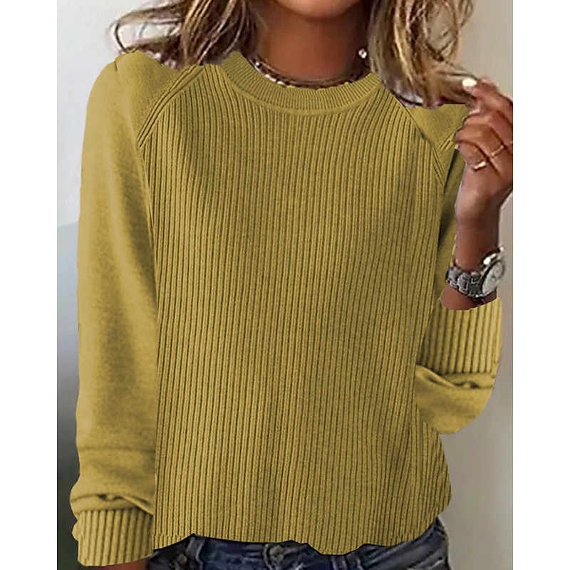 Women's Sweater Pullover Streetwear Casual Solid Color Crew Neck Knitted Long Sleeve Regular Tops Knit Daily Going out Weekend Black Yellow Fall Winter3