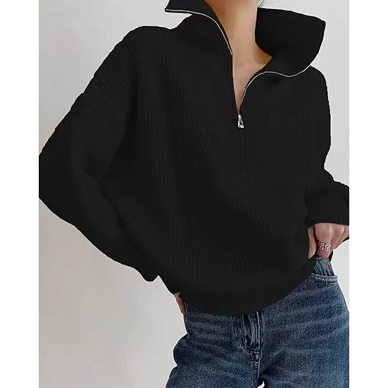 Women's Sweater Fashion Streetwear Casual Solid Color Ribbed Half Zip Knitted Long Sleeve Regular Tops Knit Outdoor Daily Weekend Black Fall Winter