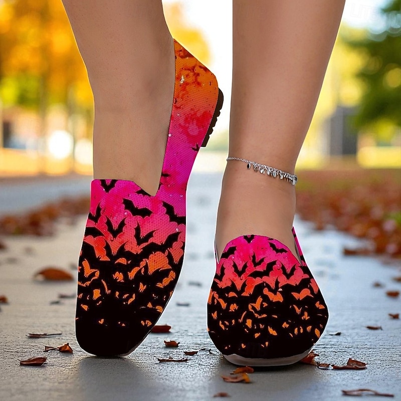 Women's Gray Casual Flats with Gothic Witch Print – Vintage Halloween Witch Style Shoes for Halloween Party, Casual Wear and Walking3