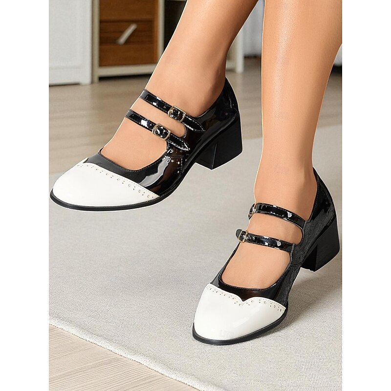 Women's 1950s Vintage Mary Jane Oxford Heels – Two-Tone Patent Faux Leather Brogue Strap Shoes for Retro Swing Dance, Theater and Tea Party Outfits