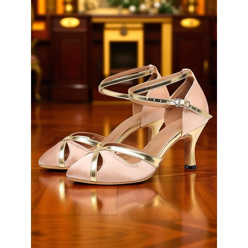 Women's Satin Gold Trim Strappy Dance Heels - Vintage Gatsby Ballroom Shoes for Professional Dancing and Parties2